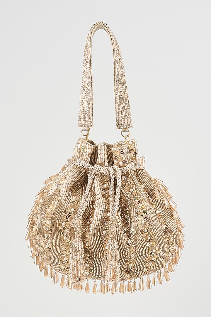 Rose Gold Faux Leather Crystal Embroidered Potli by BEAU MONDE at Pernia's Pop Up Shop