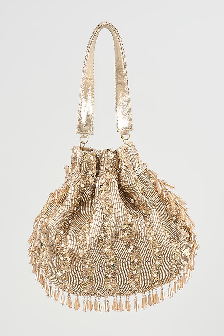 Rose Gold Faux Leather Crystal Embroidered Potli by BEAU MONDE at Pernia's Pop Up Shop