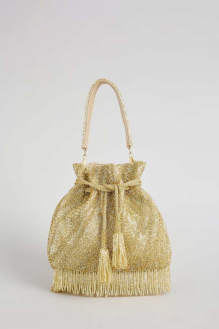 Gold Sunshine Faux Leather & Satin Potli by BEAU MONDE at Pernia's Pop Up Shop