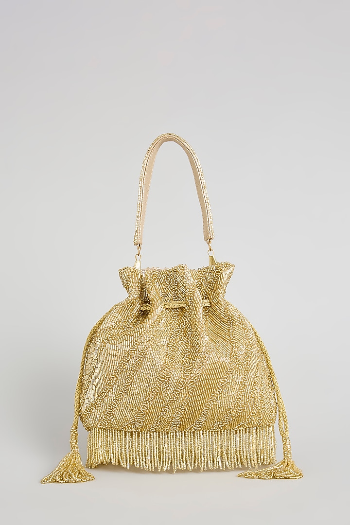 Gold Sunshine Faux Leather & Satin Potli by BEAU MONDE at Pernia's Pop Up Shop