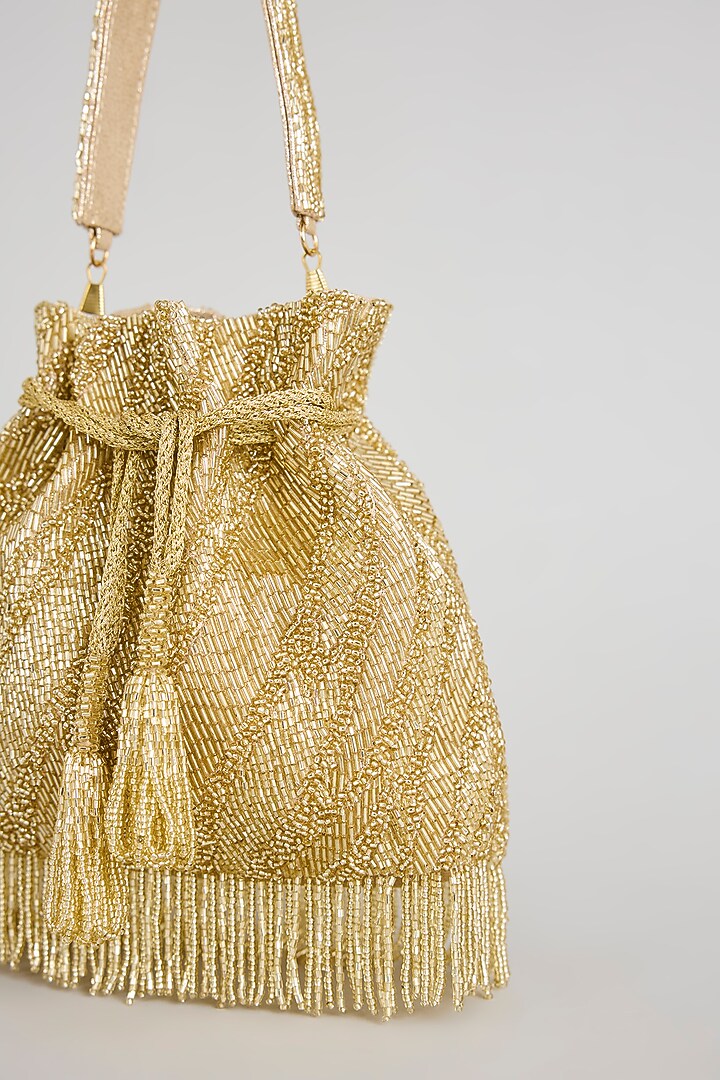 Gold Sunshine Faux Leather & Satin Potli by BEAU MONDE at Pernia's Pop Up Shop