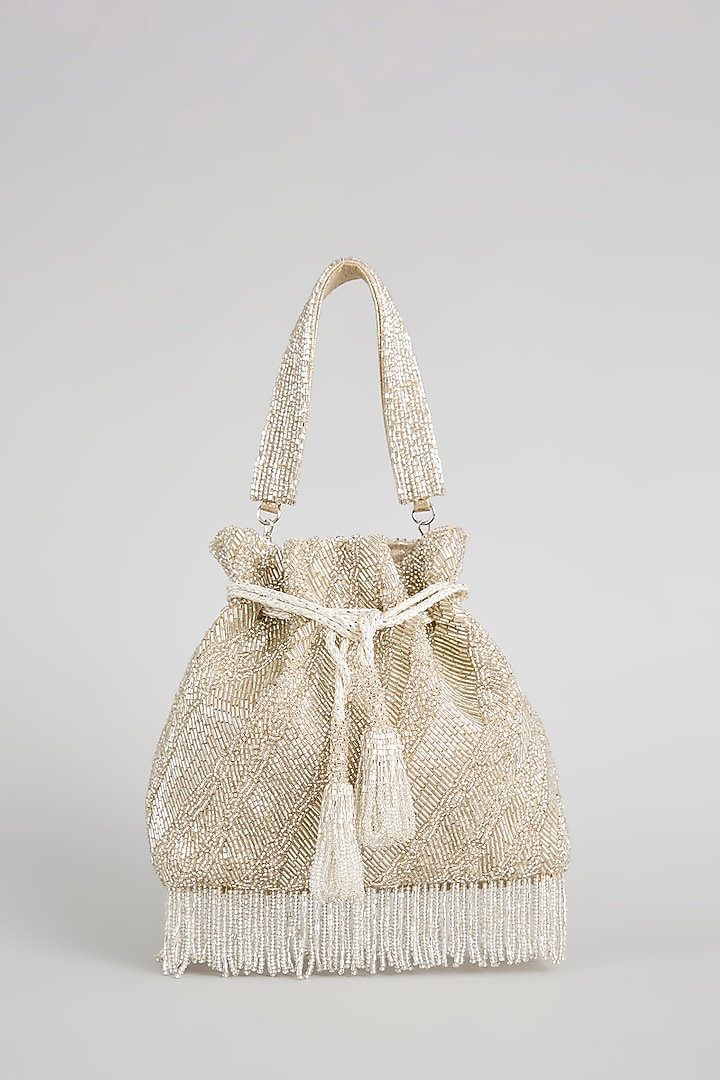 Silver Sunshine Faux Leather & Satin Potli by BEAU MONDE at Pernia's Pop Up Shop