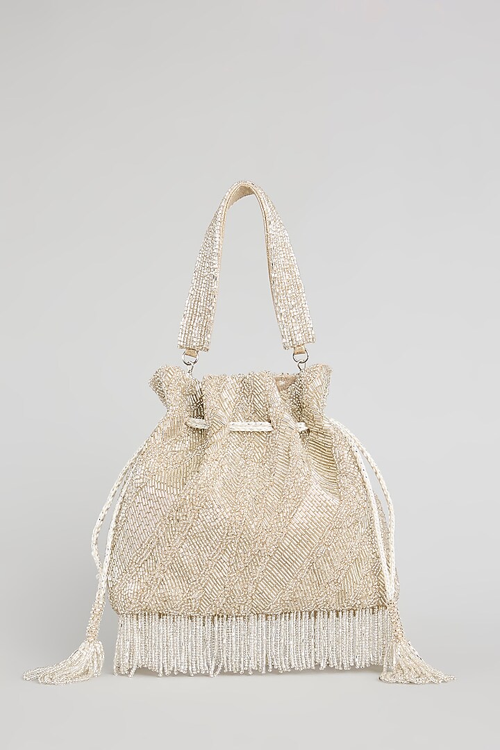 Silver Sunshine Faux Leather & Satin Potli by BEAU MONDE at Pernia's Pop Up Shop