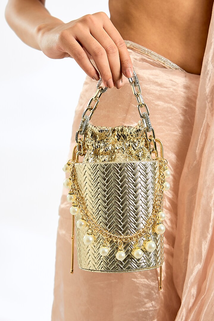 Gold Shimmer Faux Leather Bag by BEAU MONDE at Pernia's Pop Up Shop