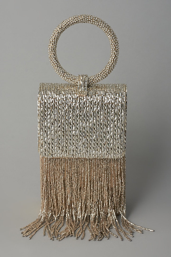 Silver Hand Embroidered Clutch by BEAU MONDE at Pernia's Pop Up Shop