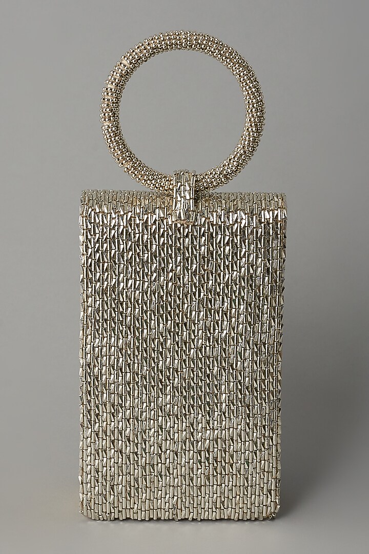 Silver Hand Embroidered Clutch by BEAU MONDE at Pernia's Pop Up Shop