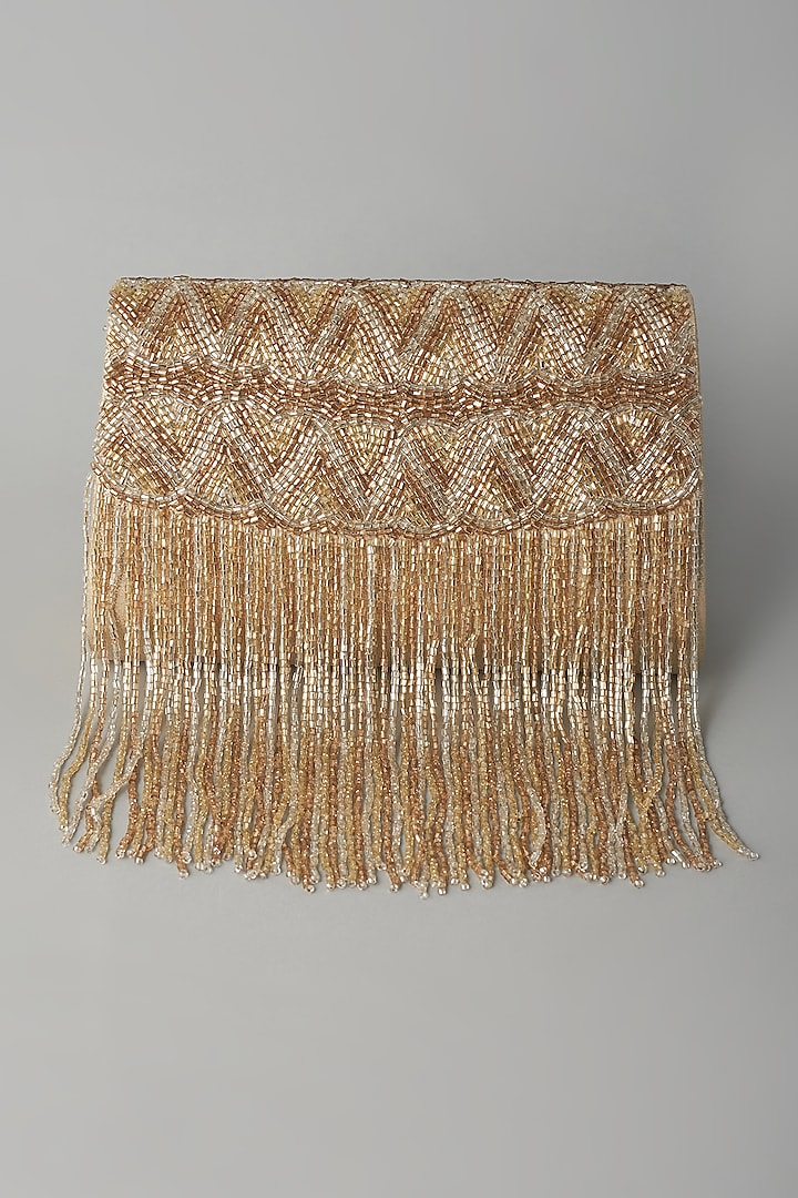 Gold Bead Embellished Clutch by BEAU MONDE