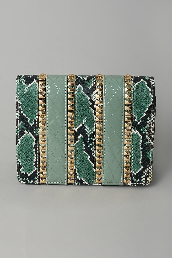 Green Vegan Leather Textured Clutch by BEAU MONDE