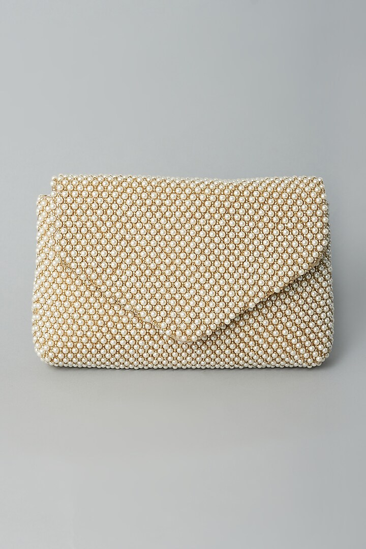 Gold Pearl Embroidered Clutch by BEAU MONDE