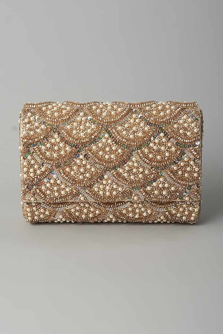 Gold Hand Embroidered Clutch by BEAU MONDE