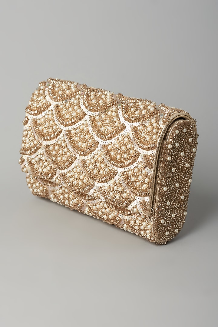 Gold Hand Embroidered Clutch by BEAU MONDE at Pernia's Pop Up Shop