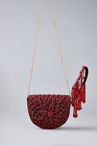 Scarlet Rose Red Velvet Hand Embellished Clutch by BEAU MONDE
