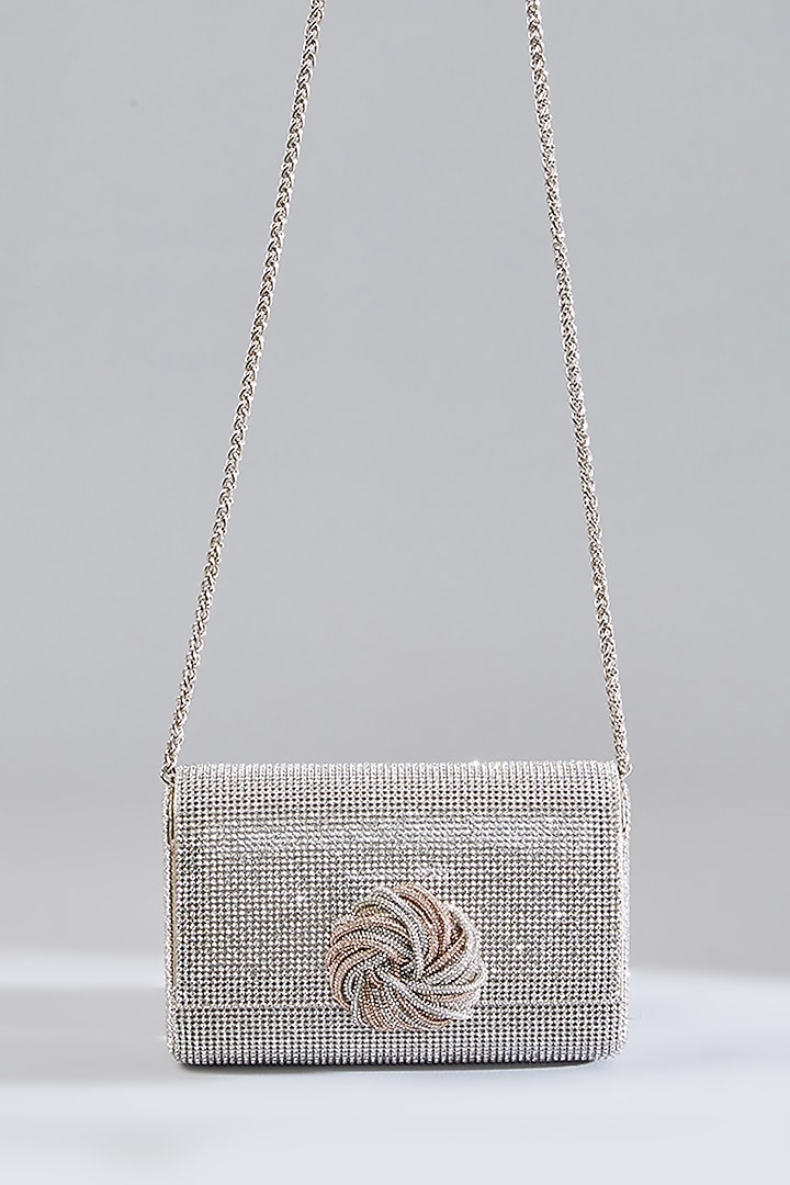 Silver Sunshine Faux Leather Crystal Embellished Clutch by BEAU MONDE at Pernia's Pop Up Shop