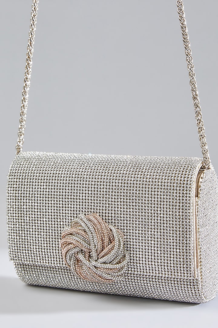 Silver Sunshine Faux Leather Crystal Embellished Clutch by BEAU MONDE at Pernia's Pop Up Shop