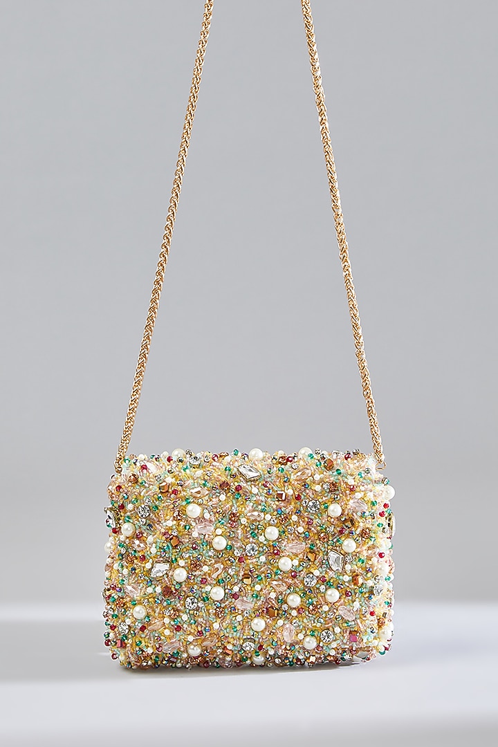 Multi-Colored Sunshine Faux Leather Crystal Embellished Clutch by BEAU MONDE at Pernia's Pop Up Shop
