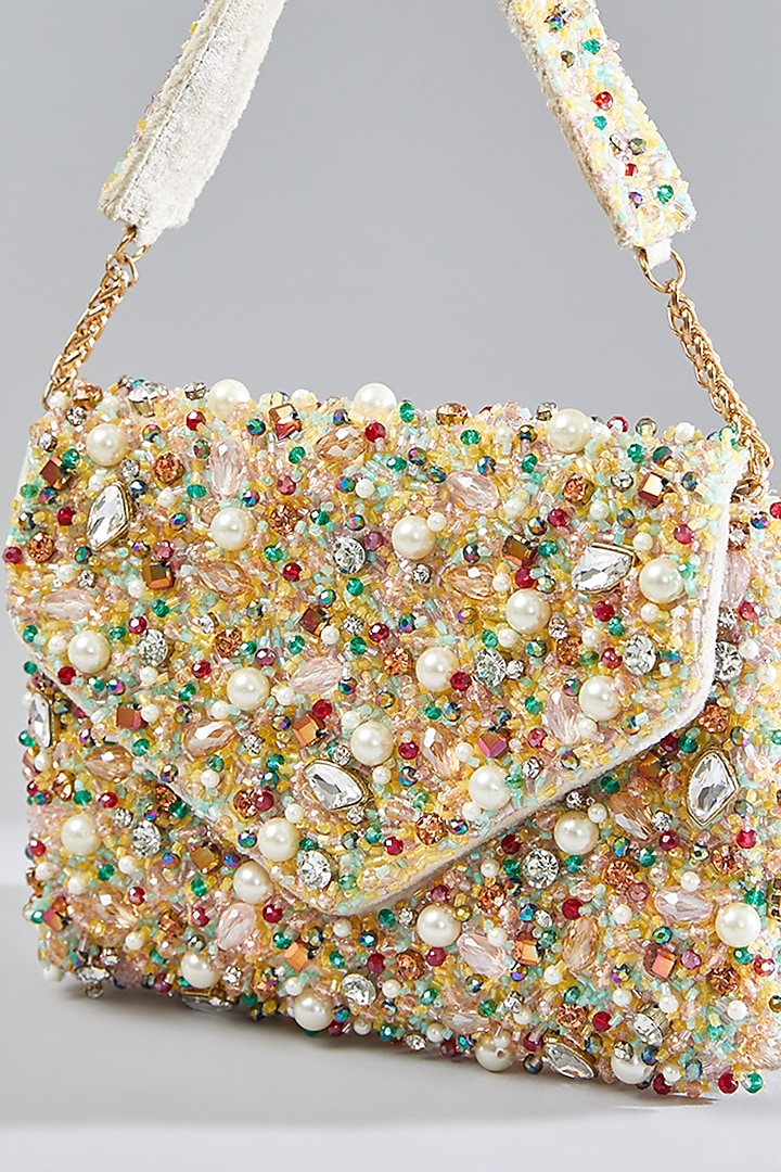 Multi-Colored Sunshine Faux Leather Crystal Embellished Clutch by BEAU MONDE at Pernia's Pop Up Shop