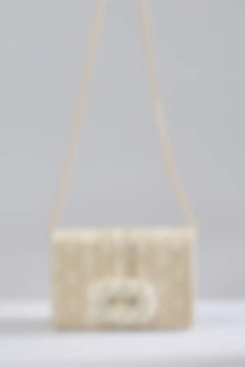 Gold Faux Leather Pearl Embellished Clutch by BEAU MONDE at Pernia's Pop Up Shop