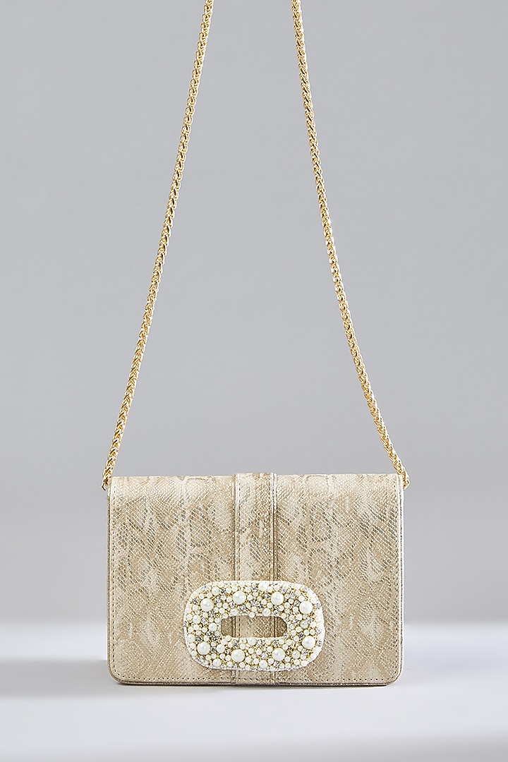 Gold Faux Leather Pearl Embellished Clutch by BEAU MONDE at Pernia's Pop Up Shop