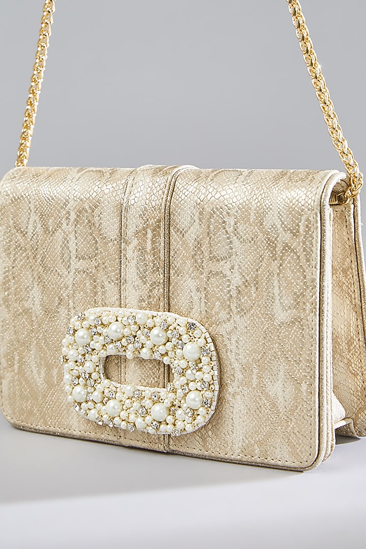 Gold Faux Leather Pearl Embellished Clutch by BEAU MONDE at Pernia's Pop Up Shop