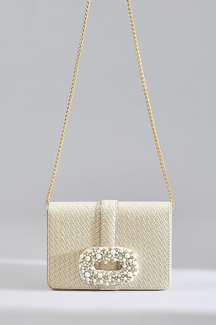 Gold Faux Leather Pearl Embellished Clutch by BEAU MONDE at Pernia's Pop Up Shop