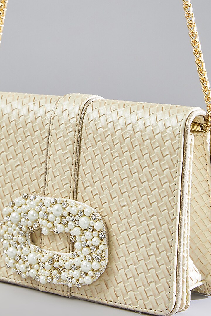 Gold Faux Leather Pearl Embellished Clutch by BEAU MONDE at Pernia's Pop Up Shop