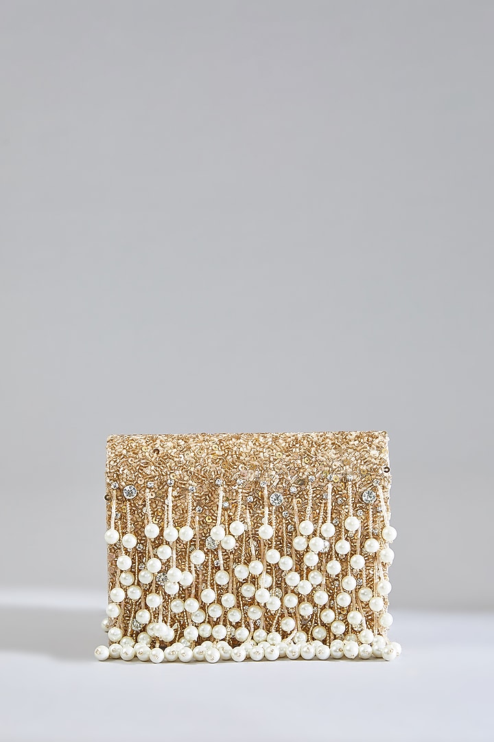 Rose Gold Sunshine Faux Leather Pearl Tassel Hand Embellished Clutch by BEAU MONDE at Pernia's Pop Up Shop