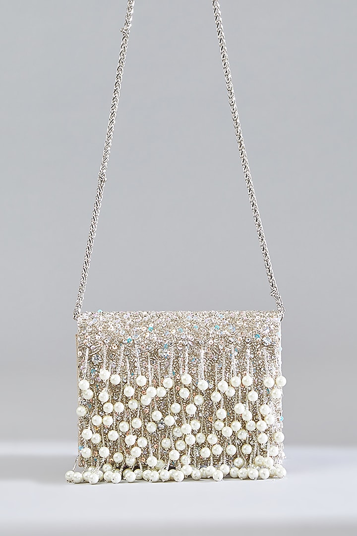 Silver Sunshine Sunshine Faux Leather Pearl Embellished Potli by BEAU MONDE at Pernia's Pop Up Shop