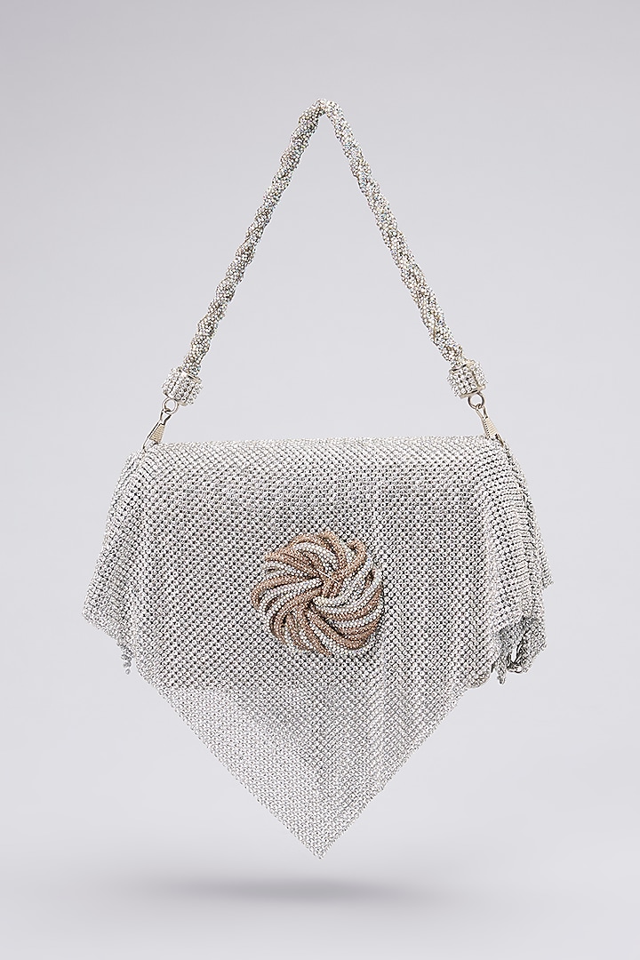 Silver Faux Leather Crystal Mesh Clutch by BEAU MONDE at Pernia's Pop Up Shop
