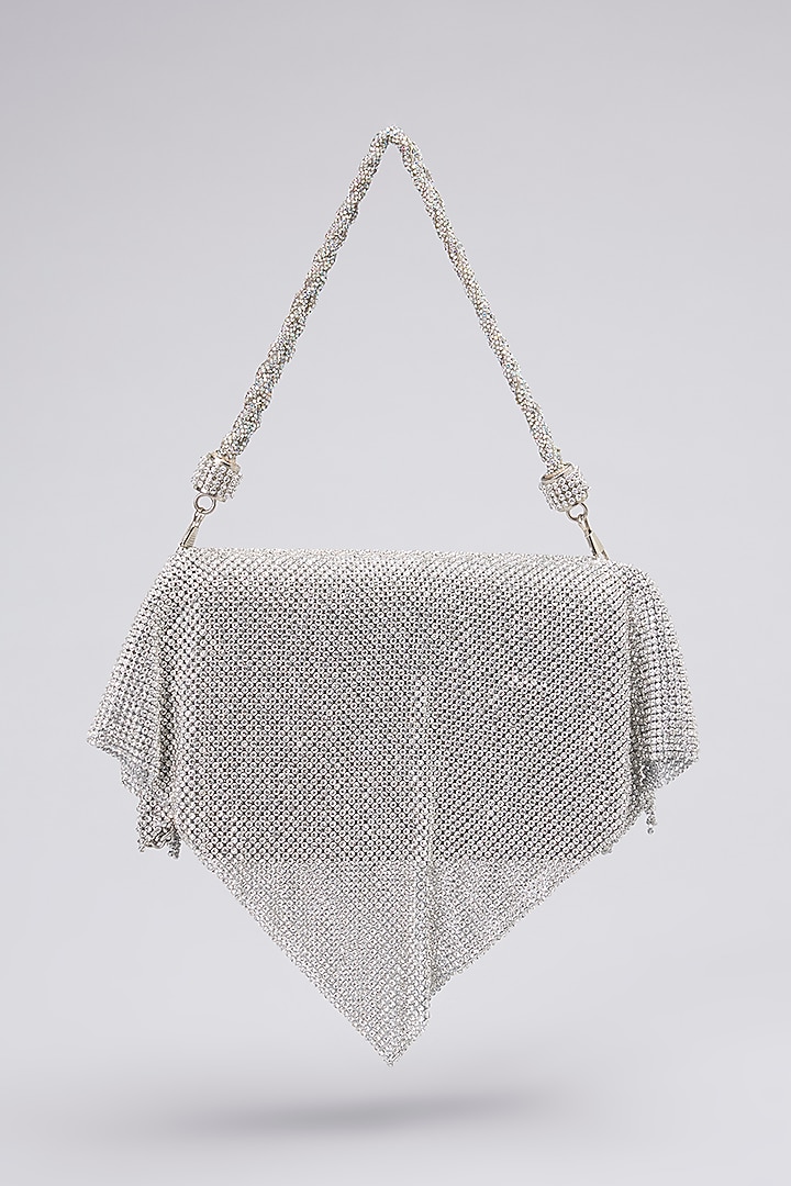 Silver Faux Leather Crystal Mesh Clutch by BEAU MONDE at Pernia's Pop Up Shop