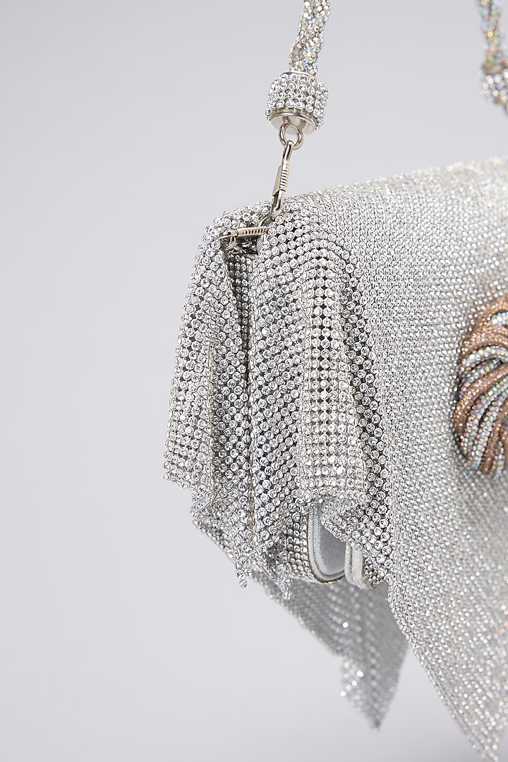 Silver Faux Leather Crystal Mesh Clutch by BEAU MONDE at Pernia's Pop Up Shop