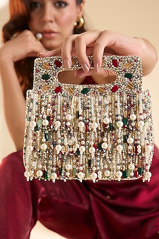 Ivory Gold Velvet Square-Shaped Clutch by BEAU MONDE