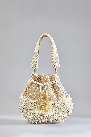 Rose Gold Velvet Pearl Hand Embellished Potli by BEAU MONDE
