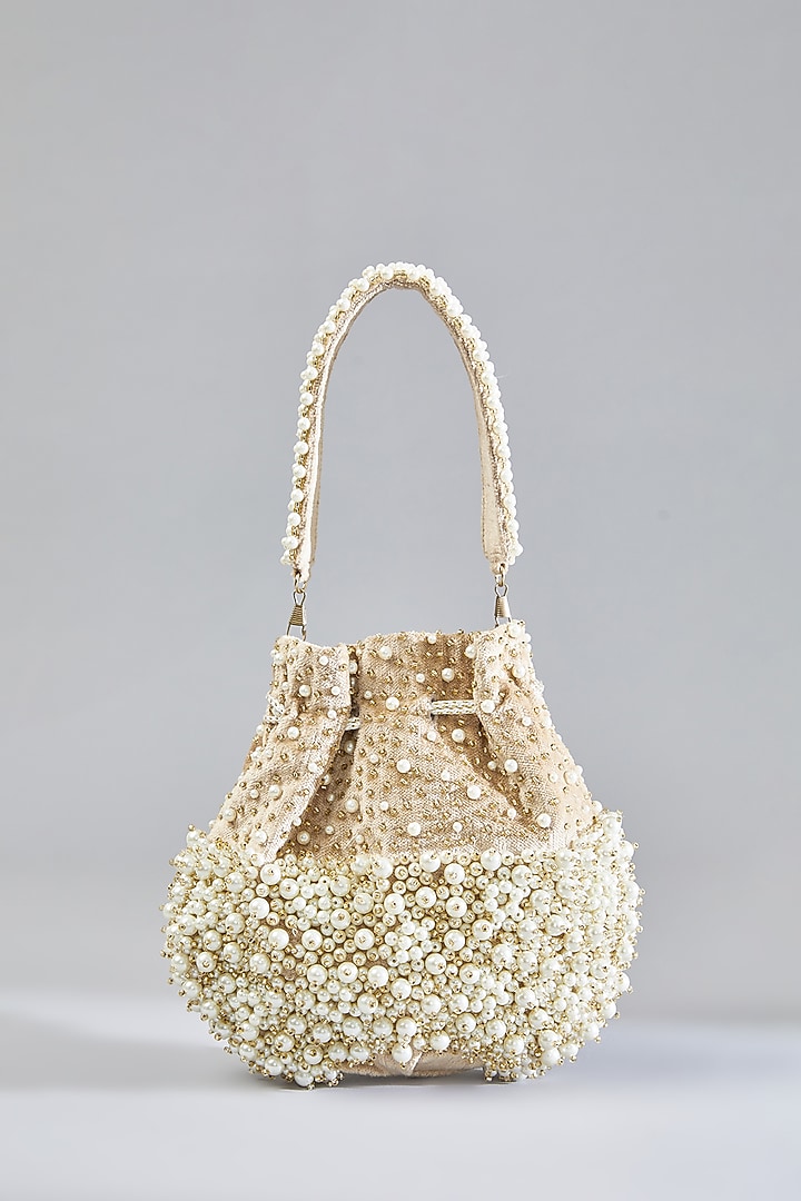 Rose Gold Velvet Pearl Hand Embellished Potli by BEAU MONDE at Pernia's Pop Up Shop