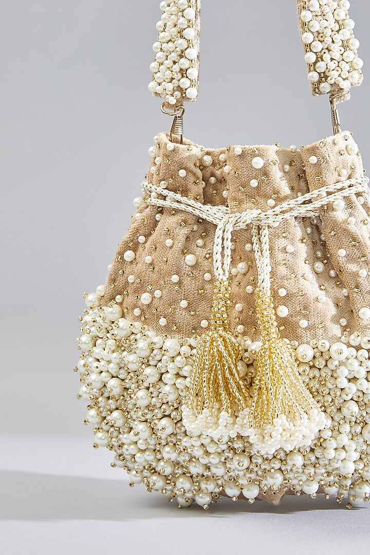 Rose Gold Velvet Pearl Hand Embellished Potli by BEAU MONDE at Pernia's Pop Up Shop