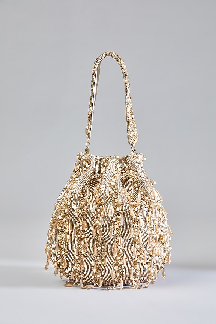 Rose Gold Sunshine Faux Leather Crystal Hand Embellished Potli by BEAU MONDE at Pernia's Pop Up Shop