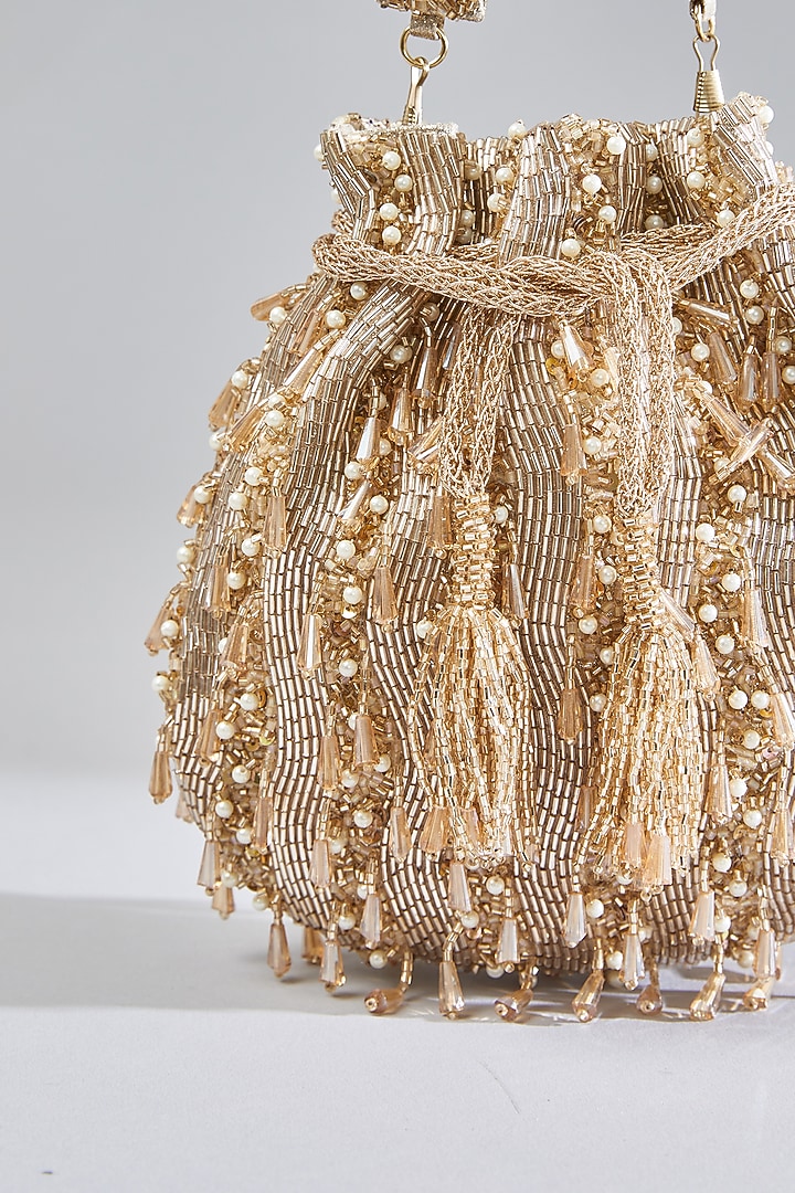 Rose Gold Sunshine Faux Leather Crystal Hand Embellished Potli by BEAU MONDE at Pernia's Pop Up Shop