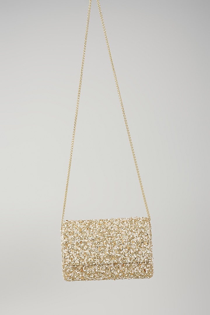 Gold Faux Leather Pearl & Bead Embellished Clutch by BEAU MONDE at Pernia's Pop Up Shop