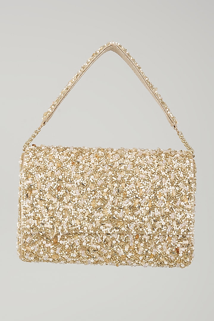 Gold Faux Leather Pearl & Bead Embellished Clutch by BEAU MONDE at Pernia's Pop Up Shop