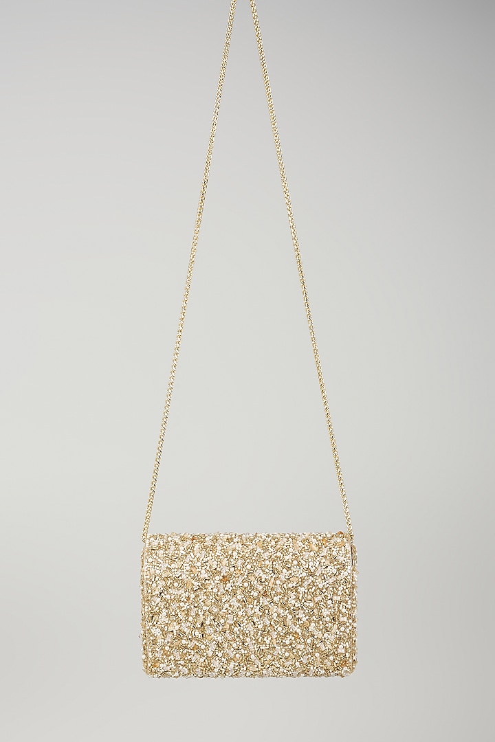 Gold Faux Leather Pearl & Bead Embellished Clutch by BEAU MONDE at Pernia's Pop Up Shop