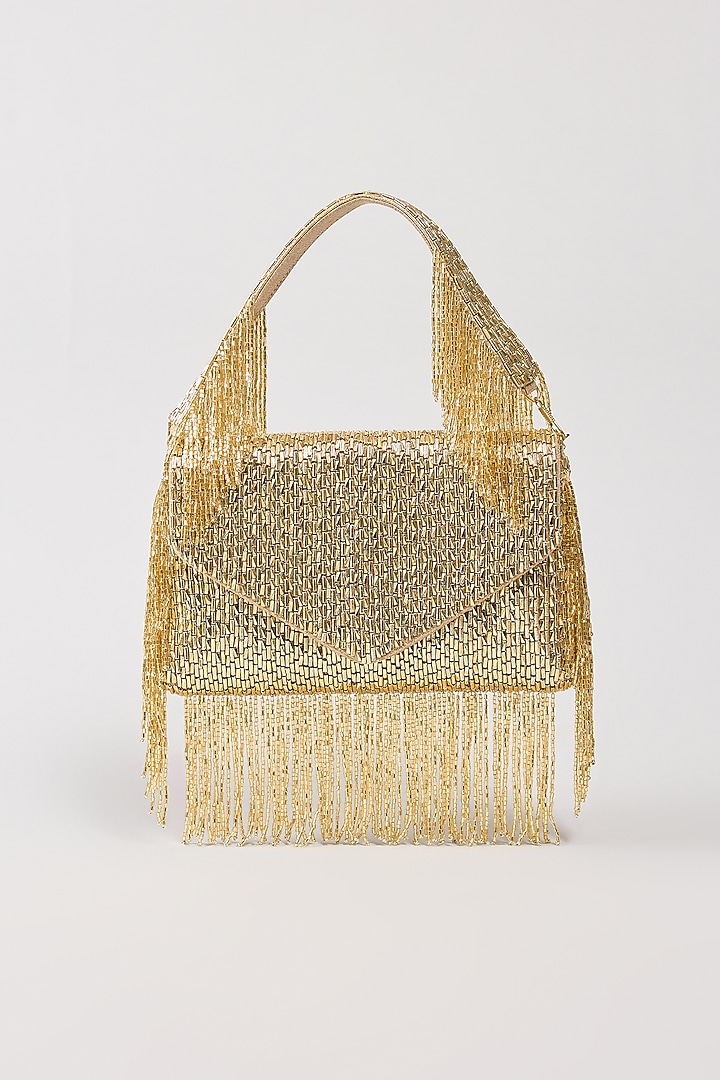 Metallic Gold Vegan Leather Bead Work Handcrafted Clutch by BEAU MONDE at Pernia's Pop Up Shop