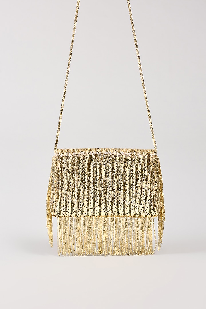 Metallic Gold Vegan Leather Bead Work Handcrafted Clutch by BEAU MONDE at Pernia's Pop Up Shop
