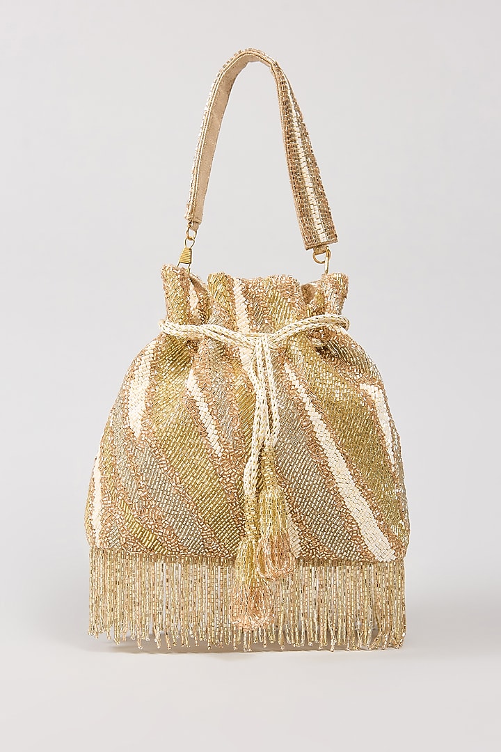 Ivory & Gold Vegan Leather Crystal Work Potli by BEAU MONDE at Pernia's Pop Up Shop