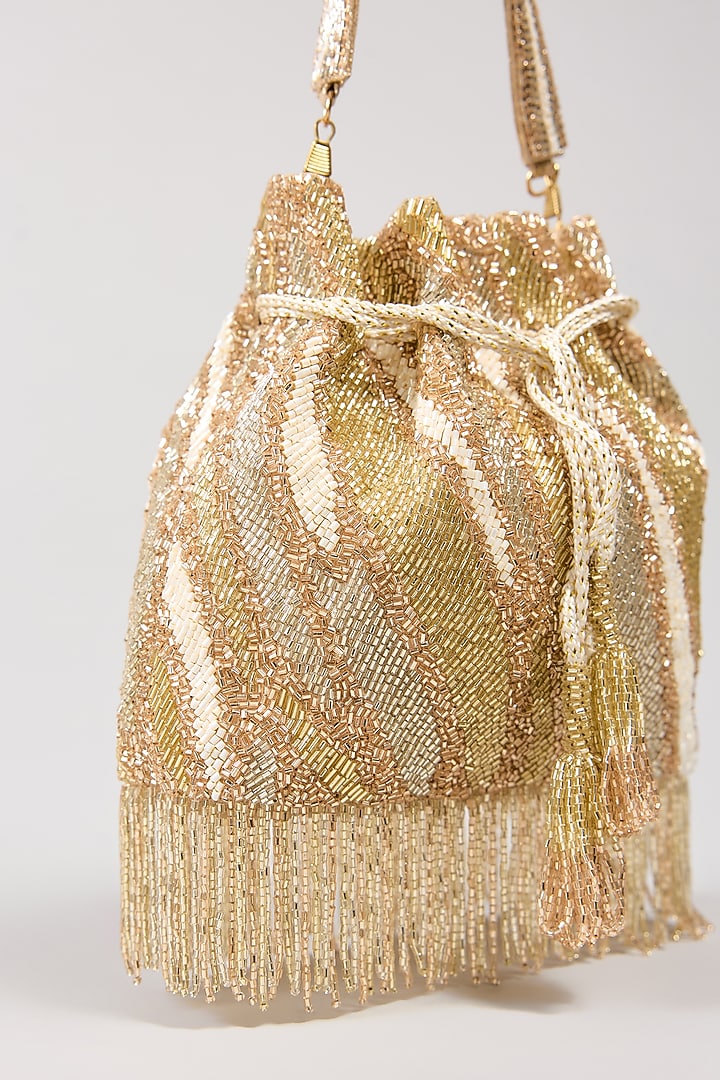 Ivory & Gold Vegan Leather Crystal Work Potli by BEAU MONDE at Pernia's Pop Up Shop
