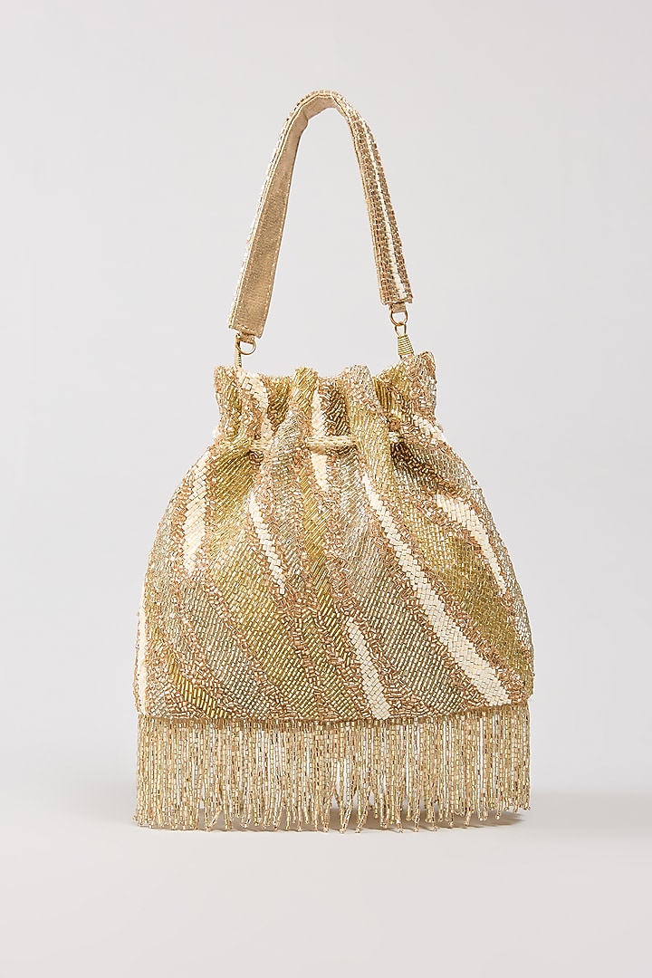 Ivory & Gold Vegan Leather Crystal Work Potli by BEAU MONDE at Pernia's Pop Up Shop