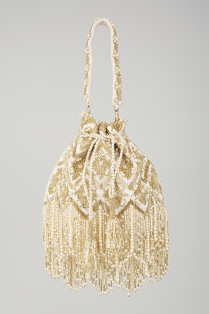 Beige Velvet Sequins Work Potli by BEAU MONDE at Pernia's Pop Up Shop