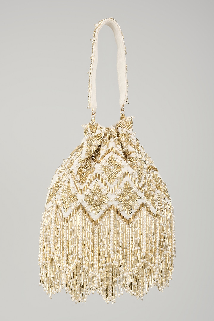 Beige Velvet Sequins Work Potli by BEAU MONDE at Pernia's Pop Up Shop