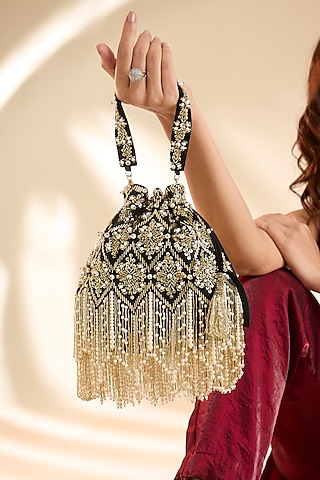 Black Velvet Crystal & Pearl Embroidered Handcrafted Potli by BEAU MONDE