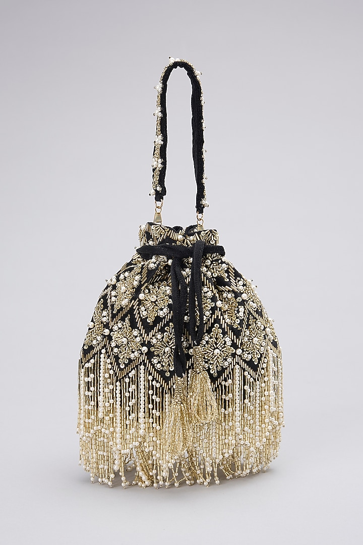 Black Velvet Crystal & Pearl Embroidered Handcrafted Potli by BEAU MONDE at Pernia's Pop Up Shop