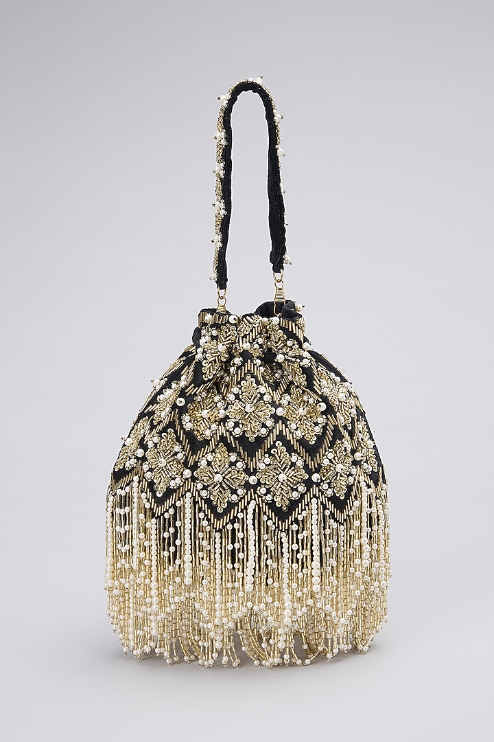 Black Velvet Crystal & Pearl Embroidered Handcrafted Potli by BEAU MONDE at Pernia's Pop Up Shop