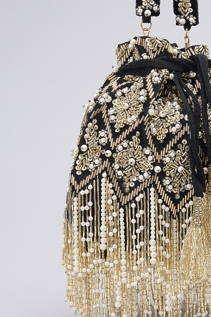 Black Velvet Crystal & Pearl Embroidered Handcrafted Potli by BEAU MONDE at Pernia's Pop Up Shop